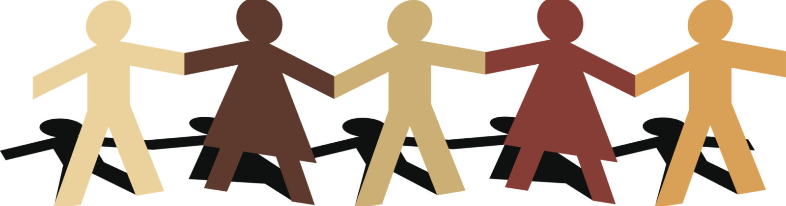 Vector illustration of male and female multi-racial paper cut figures standing in a row.