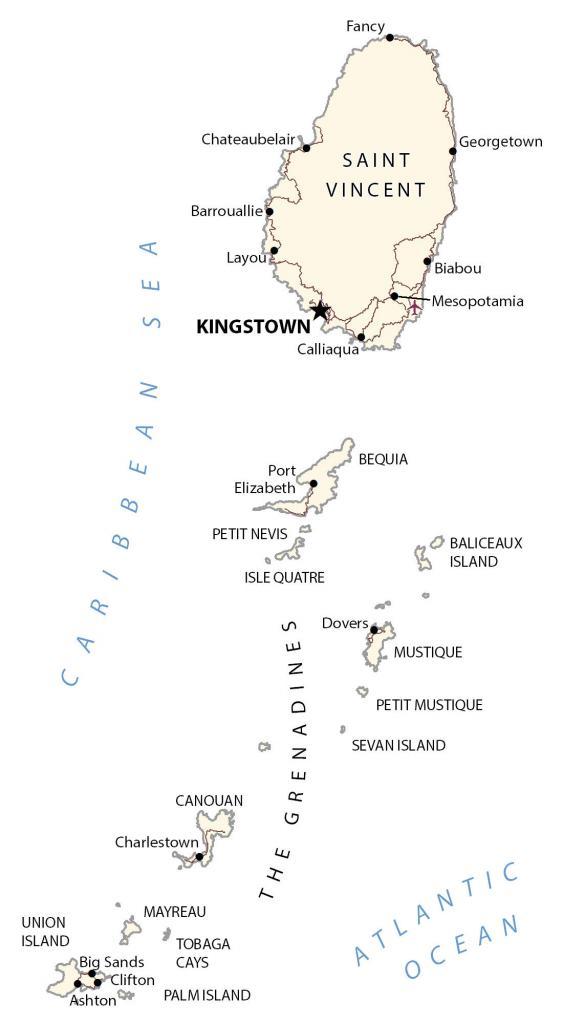 Map of Caribbean islands featuring the largest island, Saint Vincent