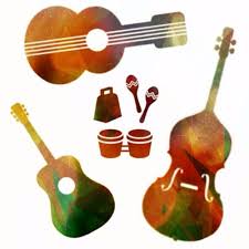 a collage of commonly used AfroLatine instruments including several stringed and percussion items.