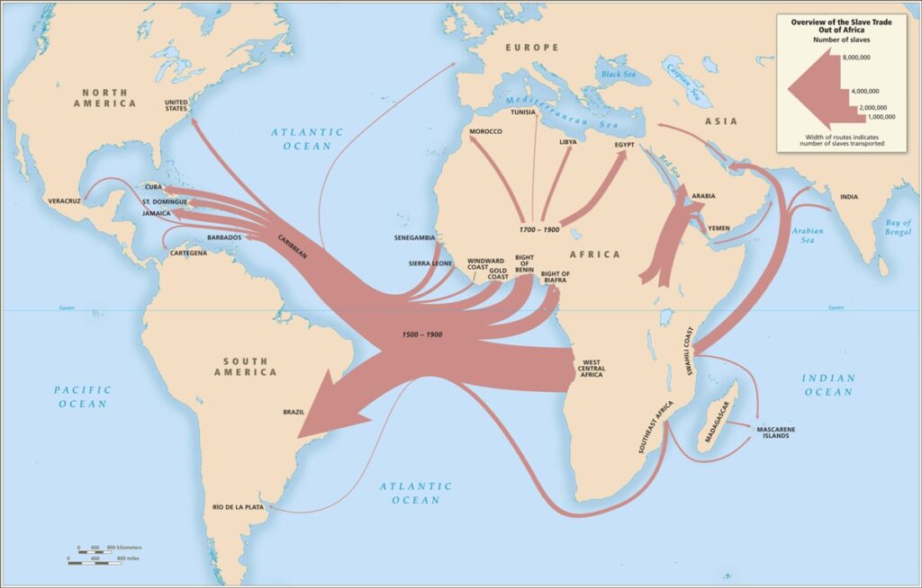 This map reflects the displacement of Africans during the Transatlantic Slave Trade. It shows a majority being taken from west and central Africa and being displaced to Latin America.